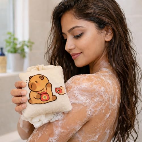 Image of Luxe Home International Bath Sponge For Kids And Adult Microfibre Soft Shower Loofah Bear Pattern Gentle Skin Exfoliating Body Scrubber For Toddler Beige 10x11cm Pack Of 1