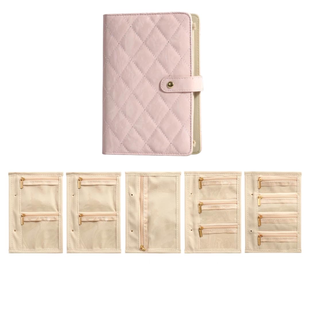 JIANAIYANGIWQ Travel Jewelry Notebook, Portable Jewelry Travel Case with 5 Detachable Velvet Zipper Pouches, Faux Leather Binder Organizer for Rings, Earrings, Necklaces, Bracelets(Velvet Pink)