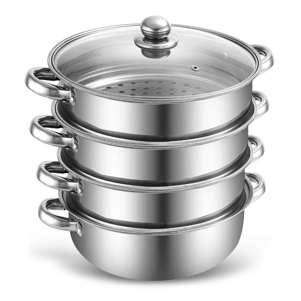 Cuiseur vapeur, 28 cm, avec insert vapeur, en acier inoxydable, passe à l'induction et au lave-vaisselle, lot de 3/4 étages avec couvercle en verre, pour légumes, pommes de terre, aliments pour bébés