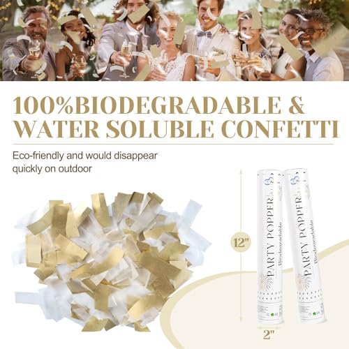 White Mix Gold Rice Confetti Cannon,6Pack Biodegradable Mulitcolor Confetti Poppers Party Shooters,12inch Party Poppers For Lawns Wedding,Birthday,Celebrations,Photo Shoots and New Years.