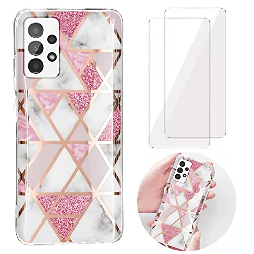 YiKaDa - Coque Compatible avec Samsung Galaxy A53 5G + [2 Pièces] Protection d'écran en Verre Trempé, [Ultra Mince] Marbre Housse Souple TPU Silicone - Rose Cover