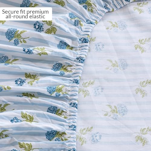 Image of HOMEMONDE 186 TC Soft Cotton Fitted Sheet Floral Printed Single Size Elastic Fitted Bedsheet with One Pillow Covers - (72 X 36 Inches, Blue) | Perfect for Home Decor & Gifting