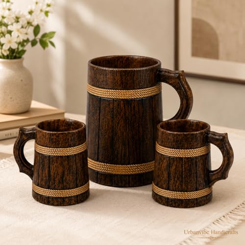 Image of Wide Verticle Grooves Wooden Beer Bar Combo Set|Barrel Shaped Mug|2 Small Beer Mug 350ML Size: 5 x 4 inches Each & 1 Beer Jug Large 750ML Size: 7 x 4.5 inches