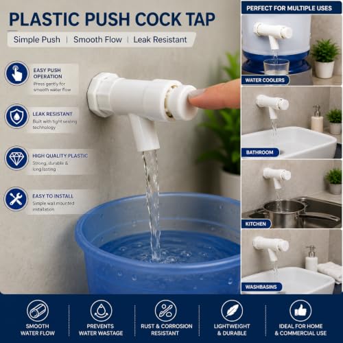 Image of NEW WARE Plastic Push Cock Tap | Push Type Water Tap for Water Cooler, RO, Wash Basin, Bathroom & Kitchen | Self Closing Press Tap | Leak Resistant PTMT Faucet for Home, Office & Commercial Use