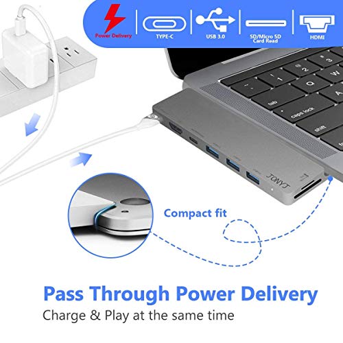Thunderbolt 3 USB C Hub, JONYJ 8-in-1 Type C Hub MAC Pro Adapter Dongle for 2016/2017 MacBook Pro 13"&15", USB-C Adapter with 4K HDMI, 3 USB 3.0 Ports, USB-C Port, SD/TF Card Reader, PD Charger Port