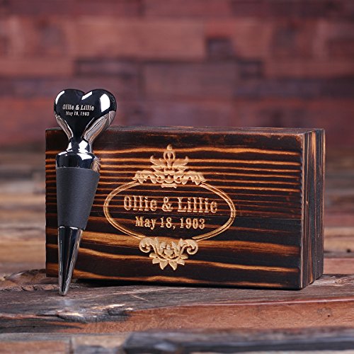 Personalized Wine Heart Shape Stainless Steel Wine Stopper with Wood Gift Box Wedding Couple Gift
