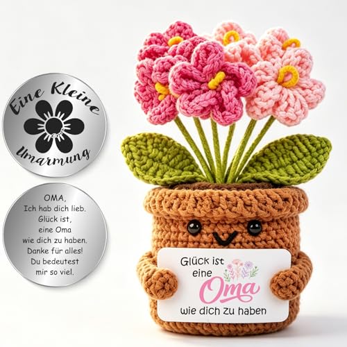 Tixlux Geschenk für Oma Handgehäkelte Blumen mit Energiekarte Geburtstagsgeschenk für Oma Geschenk von Enkelin oder Enkel Liebevolle Geschenkidee Rosa