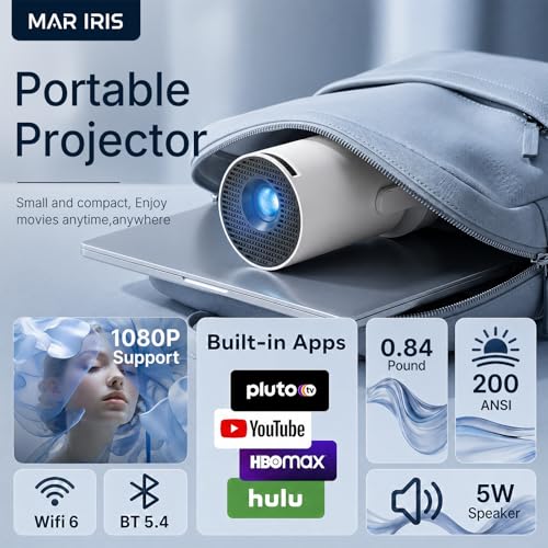 Image of Portable Smart Projector with Android 14, WiFi 6, Bluetooth 5.4 and 180 Stand, HD Mini Projector for Bedroom, Ceiling Projection, Home Theater and Outdoor Movies
