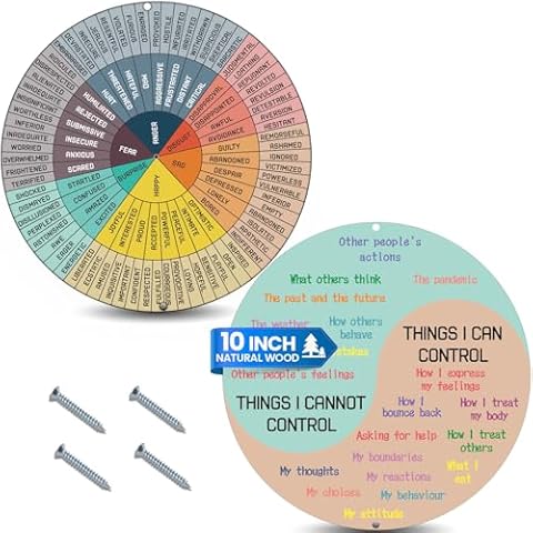 Giftacity Feelings Wheel Chart for Mental Health - 2 Pcs Wood Emotion Wheel Chart for Counseling Therapy Office Wall Art Decor 10 Inch Calm Feelings Wheel Poster for Therapist Cover