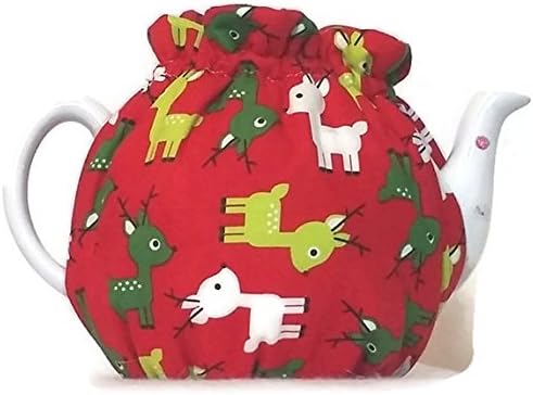Teapot Cozy, quilted tea warmer with Green and White Reindeer on Red for a 5-8 cup teapot #517