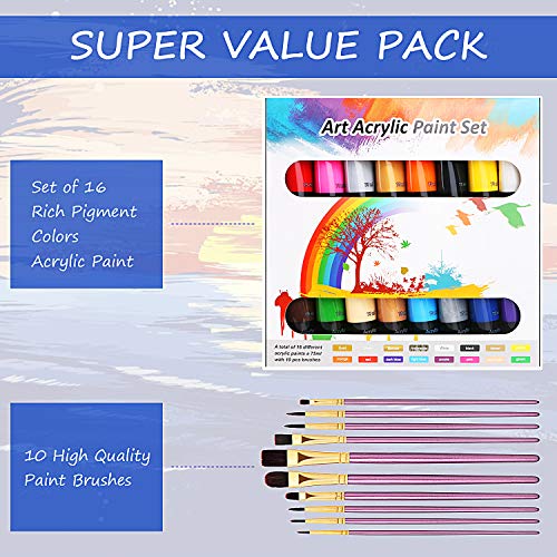 RATEL Acrylfarbenset, Premium 26 Acryl-Farbe-Set Bunt mit 16 x 75 ml Pigment +10 Pinselstift- vibrierende Farben… – Bild 3