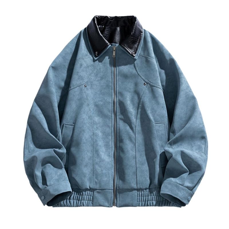 bifanxi Men’s Retro Leather Motorcycle Jacket Lapel Rivet Coat Contrast Color Autumn Winter Top-picture-9