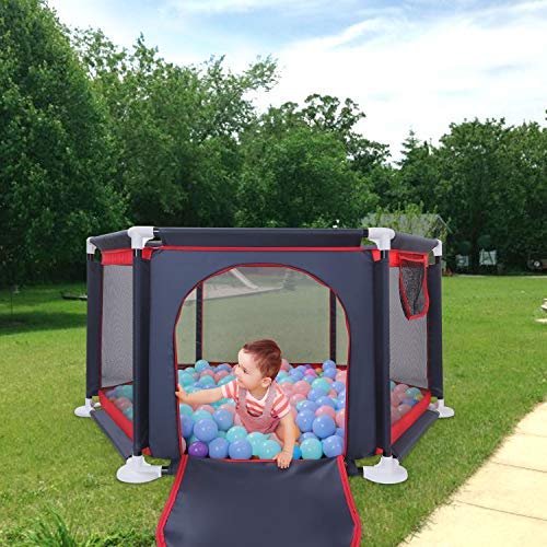 GrowthPic Baby Playpen, Playard for Baby - Safety Play Pen for Infant and Baby, with Sturdy Bases, Anti-Skid Pads, Lightweight, Navy Blue, 6-Panel