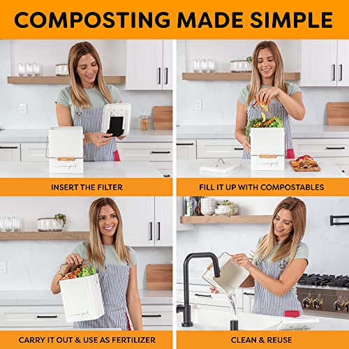 Compost Bin For Kitchen - Farmhouse Countertop Composting Container - 1.7 Gallon Carbon Steel Pail For Food Scraps - Metal Bucket With Lid, Wooden Handle & Charcoal Filter #TOP3