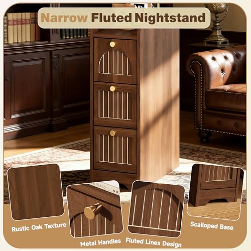 Image of 7.87 inch Narrow Nightstand Set of 2, Fluted Slim Bedside Table with 2 Drawers, Mid Century Modern Small End Table with Gold Metal Handles, for Bedroom, Living Room & Small Spaces - Walnut