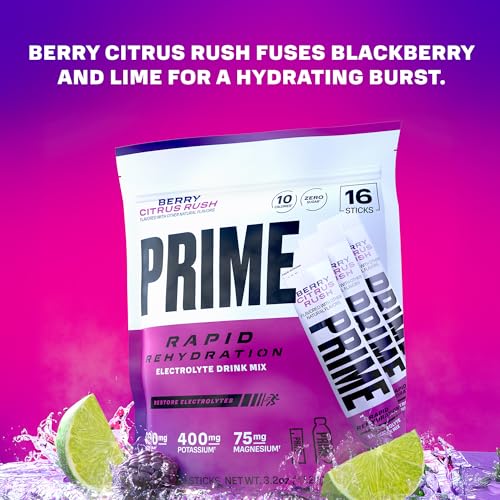 Image of PRIME Rapid Rehydration Electrolyte Powder Sticks, Berry Citrus Rush, Sugar Free Hydration Drink Mix with Sodium, Potassium, Magnesium & B Vitamins to Replenish Fluids, Caffeine Free, 16 Count