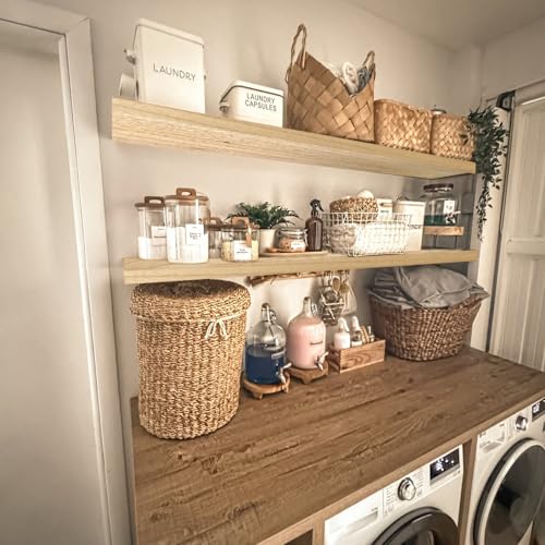 Image of IAE Floating Wall Shelves 55 inch,Bathroom Shelf Wall Mounted,Invisible Shelf Floating Kitchen Shelves,Wooden wall Shelving with Brackets for Living Room wall Mounted,Easy Install,Set of 2,Natural