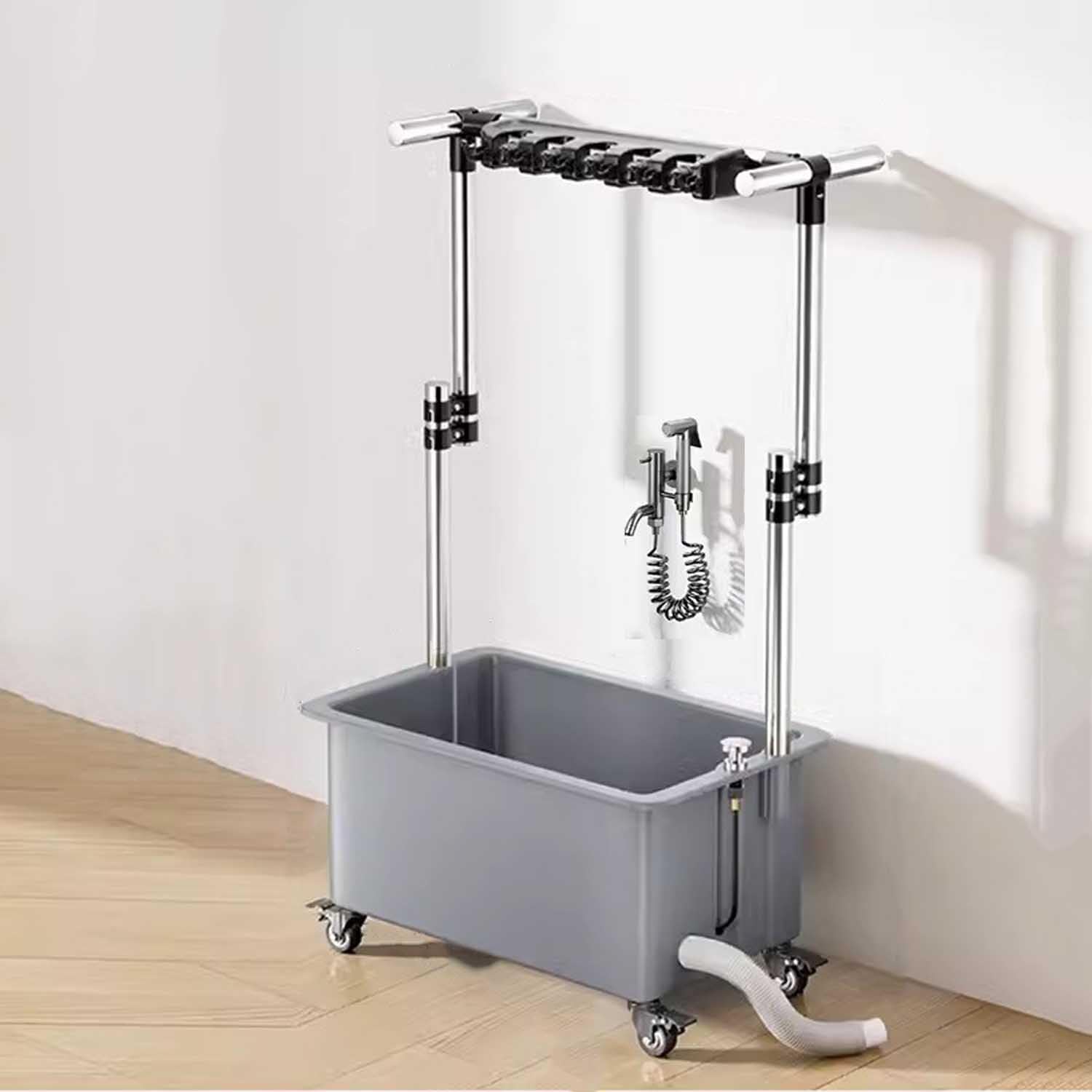 AYCDL Freestanding Mop Sink with 26cm Deep Basin, Adjustable Height 93-124cm, Movable Organizer on Wheels for Laundry, Backyard, Garage Use,Grey-with faucet