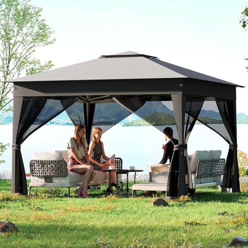 Moccha 11x11 FT Pop Up Gazebo with Netting - Easy Up Canopy w/Mesh Sidewalls, Carrying Bag, Zippered Doors, 4 Ropes, 8 Stakes, Adjustable Height, UPF50+ Outdoor Sunshade Shelter for Yard Party Event