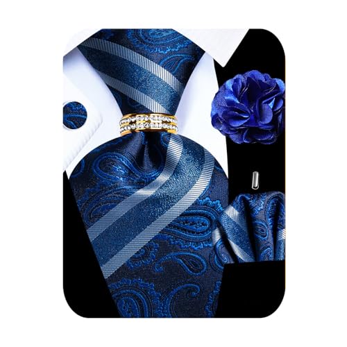 Image of 5PCS Mens Premium Silk Tie, Pocket Square, Cufflinks, Drilled Tie Ring and Lapel Pin Set for Wedding Groom Party