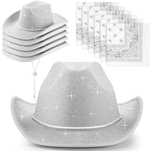 Image of Coume 12 Pcs Sparkly Adults Cowboy Hat and Bandanas Women Men Western Glitter Cowgirl Party Hats with Adjustable Drawstring