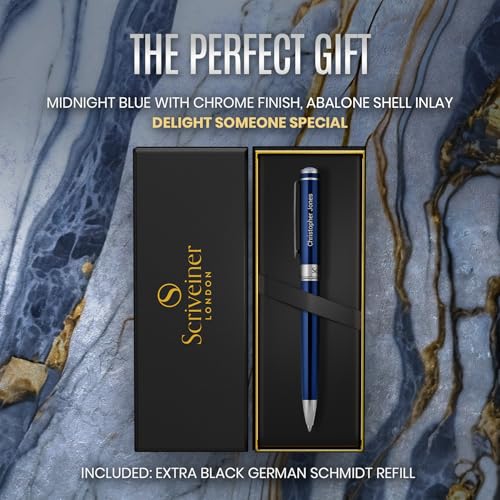 Image of Scriveiner Personalized Midnight Blue Ballpoint Pen - Stunning Blue Lacquer Luxury Pen, Chrome Finish, Schmidt Ink Refill, Best Engraved Ball Point Gift Set for Men & Women, Custom Name Engraving