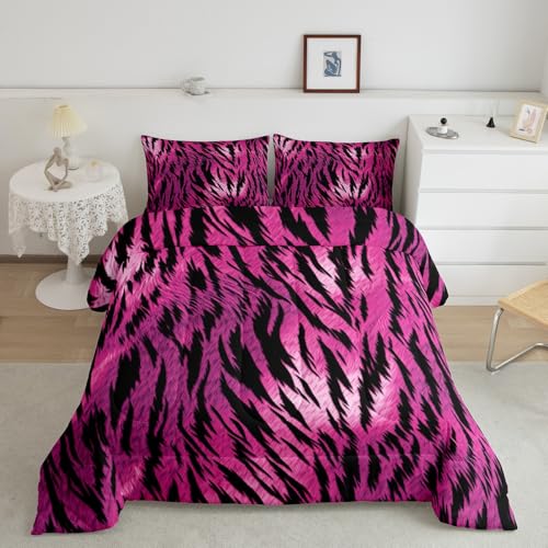 Image of Feelyou Zebra Stripe Comforter Set King Kids Boys Girls Hot Pink Zebra Bedding Set Wild Animal Bedding Set Skin Fur Print Duvet Set 3Pcs