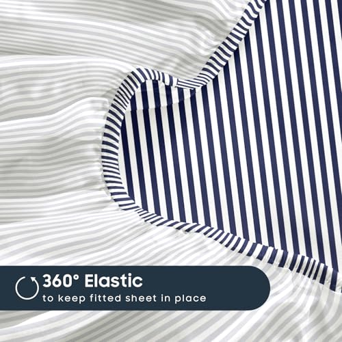 Image of Wake In Cloud - Striped Bed Sheets, 4-Piece Sheet Set, Ticking Vertical Pin Stripe Modern Farmhouse Pattern Printed Bedding, Deep Pocket, Navy Blue White, Queen Size