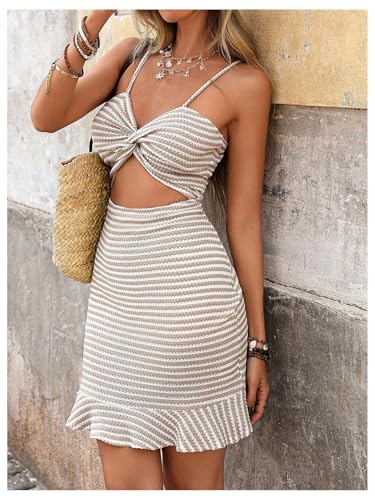 Image of GORGLITTER Women's Crochet Mini Dress Striped Cut Out Twist Front Ruffle Hem Bodycon Mini Dresses