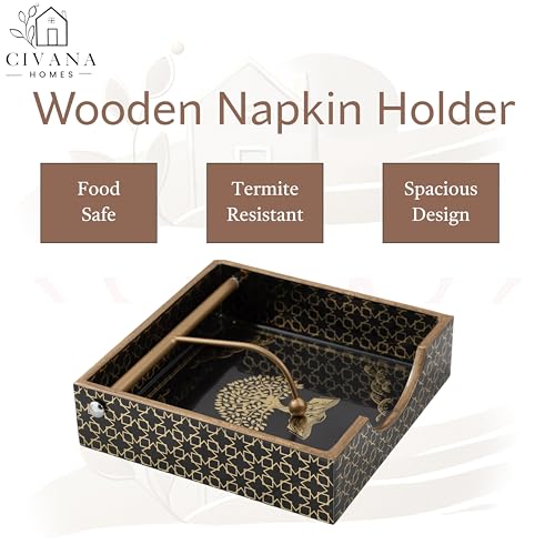Image of Wooden Napkin Holder with Gold Engraving | Pack of 1 | Size : 7.5 x 7.5 inch | Enamel Coated Waterproof | Tissue Holder for Dining Table | Black Tree Napkin Holder