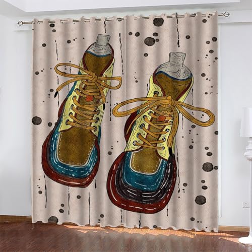Cortinas Opacas Zapato, Cortinas Salon Modernas 2 Piezas 200x245 CM Dibujos Animados Cortinas Termicas Aislantes Frio y Calor Blackout Curtains con Ojales Cortinas para Dormitorio/Comedor