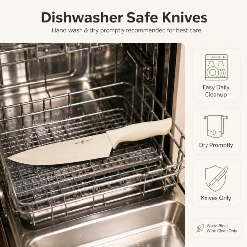 Image of 17-Piece Kitchen Knife Set with Block and Built-in Sharpener, Cream