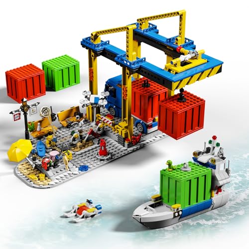 City Hafen mit Frachtschiff Bauspielzeug - Containerkran Schiff LKW 5 Container mit Frachthafen BausteinenTechnik Spielzeug Geeignet für Jungen und Mädchen im Alter von 14+ Jahren (1134 Teile)