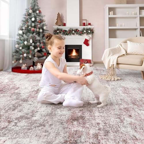 7x9 Area Rug Living Room Rugs - Washable Neutral Modern Abstract Soft Thin Large Rug Indoor Floor No Slip Rug Carpet for Bedroom Under Dining Table Home Office Decor - Pink