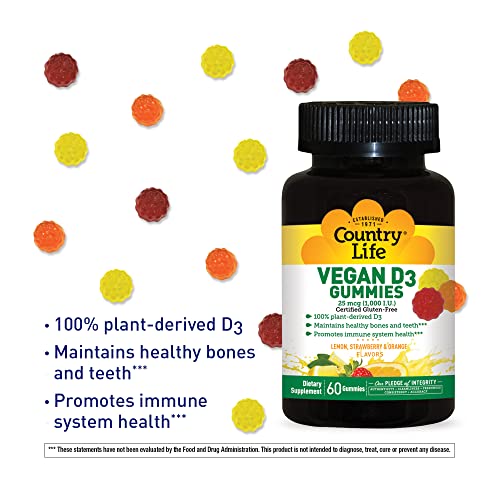 Country Life Vegan D3 Gummies, 1,000 Iu, Promotes Immune Health, Great Taste, Lemon, Strawberry & Orange Flavor, 60 Gummies, Certified Gluten Free, Certified Vegan #TOP2