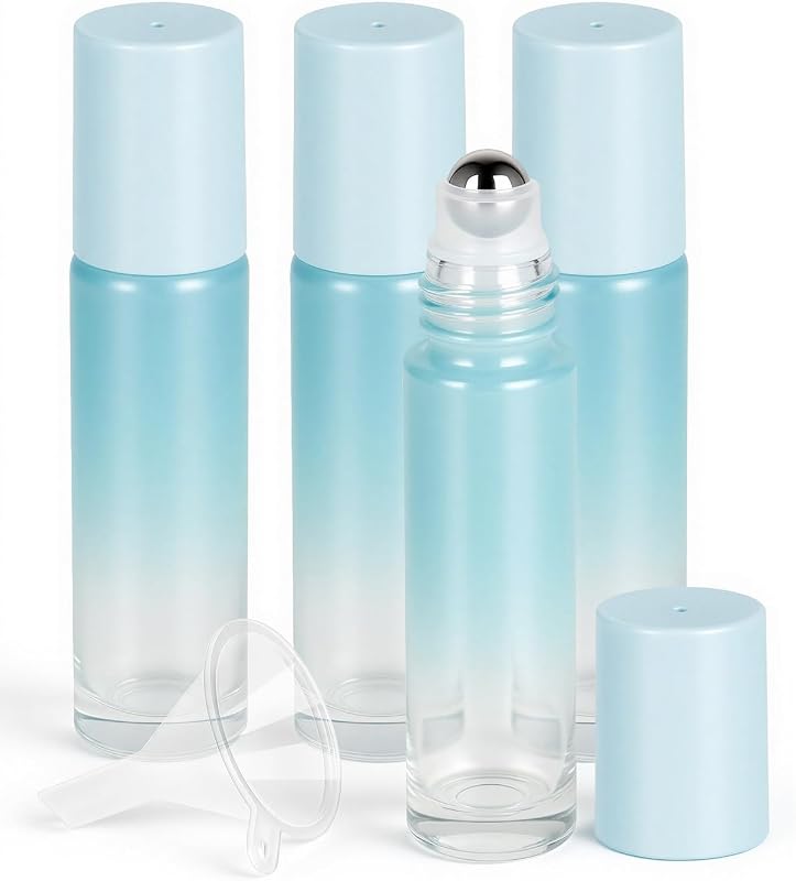 Frascos roll-on reutilizáveis Worldgsb de vidro azul degradê, 10 mL, pacote com 4 e funil