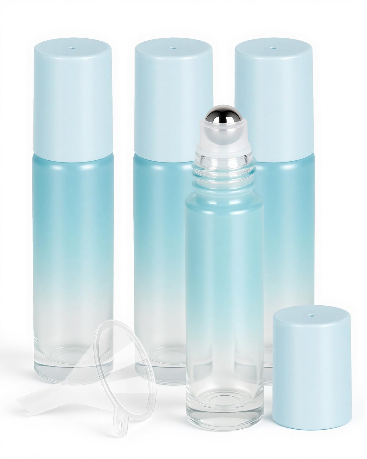 4 Pack Essential Oil Roller Bottles, 10ml Refillable Glass Roller Bottles with Stainless Steel Roller Balls and Caps for Travel, Perfume and Lip Gloss Blue Gradient
