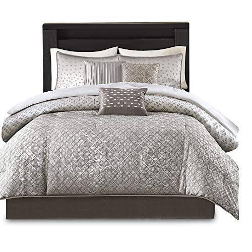 Madison Park Biloxi Jacquard Comforter Set - Modern Geometric Design, All Season Down Alternative Cozy Bedding With Matching, Shams, Decorative Pillow, King(104"X92"), Ombre Silver 7 Piece #TOP7