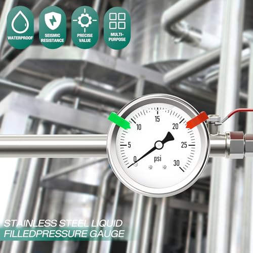 Image of 0-30PSI Stainless Steel Liquid Filled Pressure Gauge, 2.5 inch Single Scale Face Dial, 1 /4 inch NPT Back Mount, for Tube, Water Pump, Gas, Liquid, Pressure Test (with Range Mark Pointer)