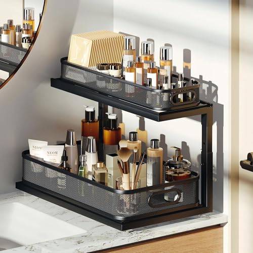Image of 2-Pack 18.5 IN Depth Under Sink Organizer With Next-Gen Ball-Bearing Slides,Sophisticated Mesh 2-Tier Pull Out Shelf for Kitchen & Bathroom,Fits Small Items-Black