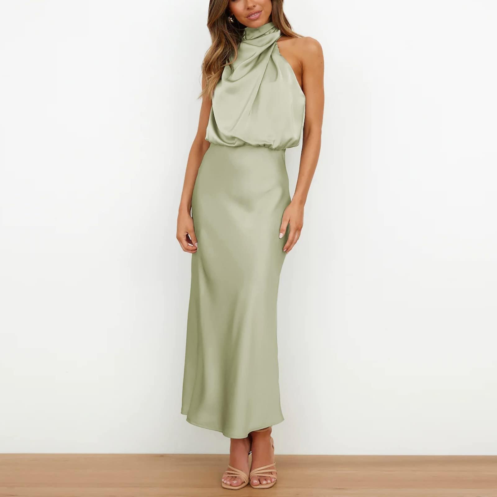 Elegante abito da sera lungo senza maniche in raso con allacciatura al collo, abito estivo da matrimonio, a vita alta, elegante