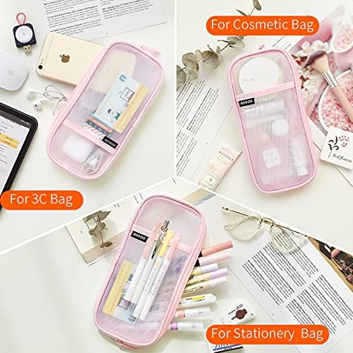 EASTHILL Grid Mesh Pen Pencil Case with Zipper Clear Makeup Color Pouch Cosmetics Bag Multi-Purpose Travel School Teen Girls and Boys Transparent Stationary Bag Office Organizer Box for Adluts(Pink) — 사진 6