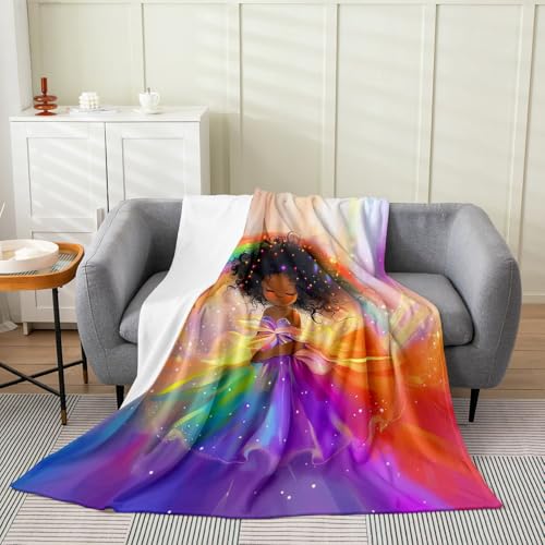 Castle Fairy Afro Girl Plush Throw Blanket,Rainbow Stars Polka Dots