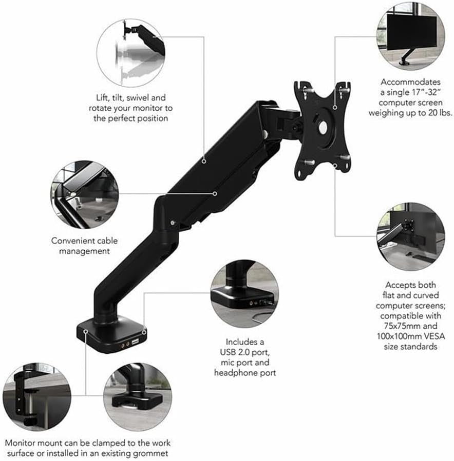 Pemberly Row Adjustable Monitor Arm, 17 to 32 Inch Screen Compatible, Satin Black Finish, USB 2.0 Port, Tilt/Swivel/Rotate, VESA 75x75/100x100, Ergonomic Desk Mount for Office Workspaces