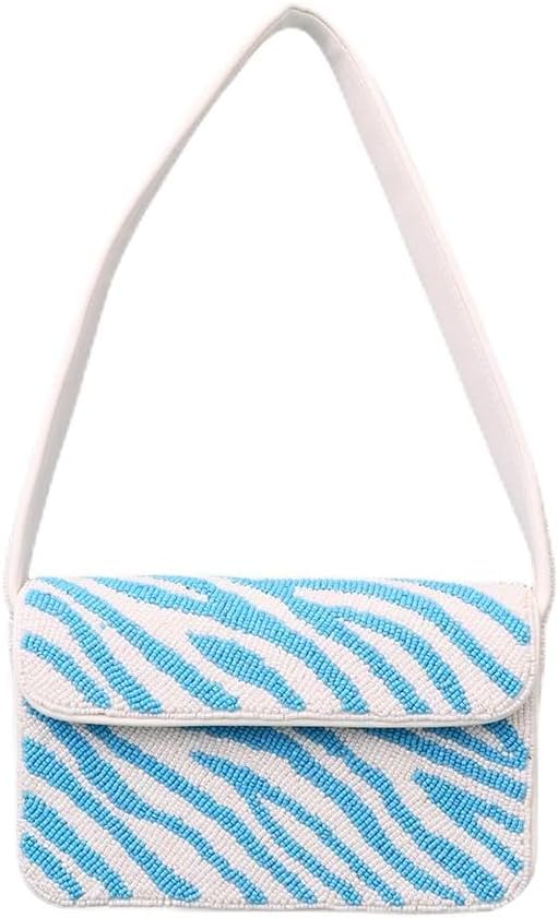Indian Shelf Premium Handcrafted Beaded Bags for Women, Girls - Women Evening Purse Blue & White Zebra Pattern (with Box)