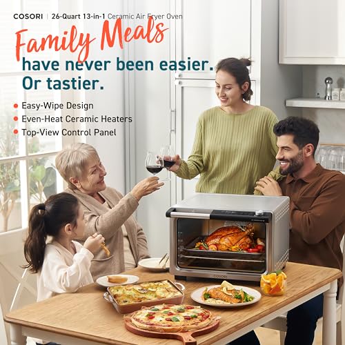 COSORI-13-in-1-Ceramic-Air-Fryer-Toaster-Oven-Combo-Flat-Sealed-Heating-Elements-for-Easy-Cleanup-Innovative-Burner-Function-7-Accessories-Recipes-26QT-Silver-Stainless-Steel