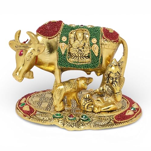 Image of KridayKraft Kamdhenu Cow,Calf with Bal Gopal Krishna Metal Statue for Good Luck,Feng Shui As Table Top Figurine,Vastu,Religious Gau MATA Idol Home,Office&Table Decorative,Animal.
