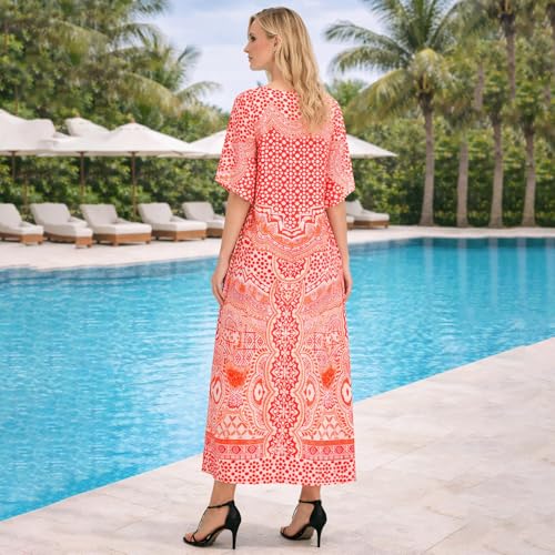 Image of Miss Lavish London Kaftan Dresses for Women Beach Coverups Plus Size V Neck Summer Caftan Maxi Dress, Red African Print Resort Wear with Batwing Sleeves, Side Slit & Pockets on Both Sides-Red-XL