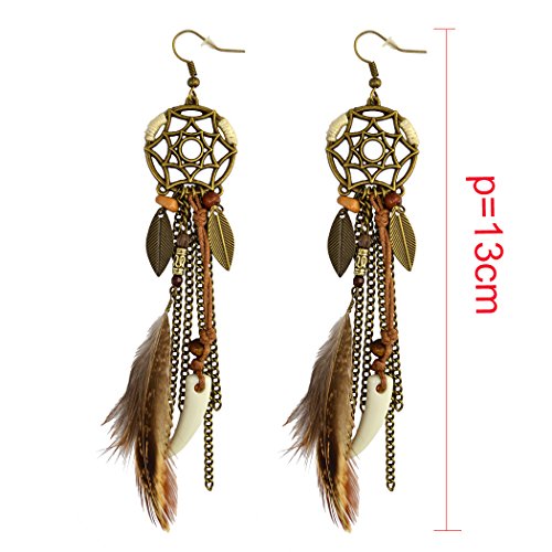Vintage Ethnic Long Tassel Feather Beads Dream Catcher Drop Earrings Punk Wolf Tooth Pendant Bohemia Dreamcather Earring2