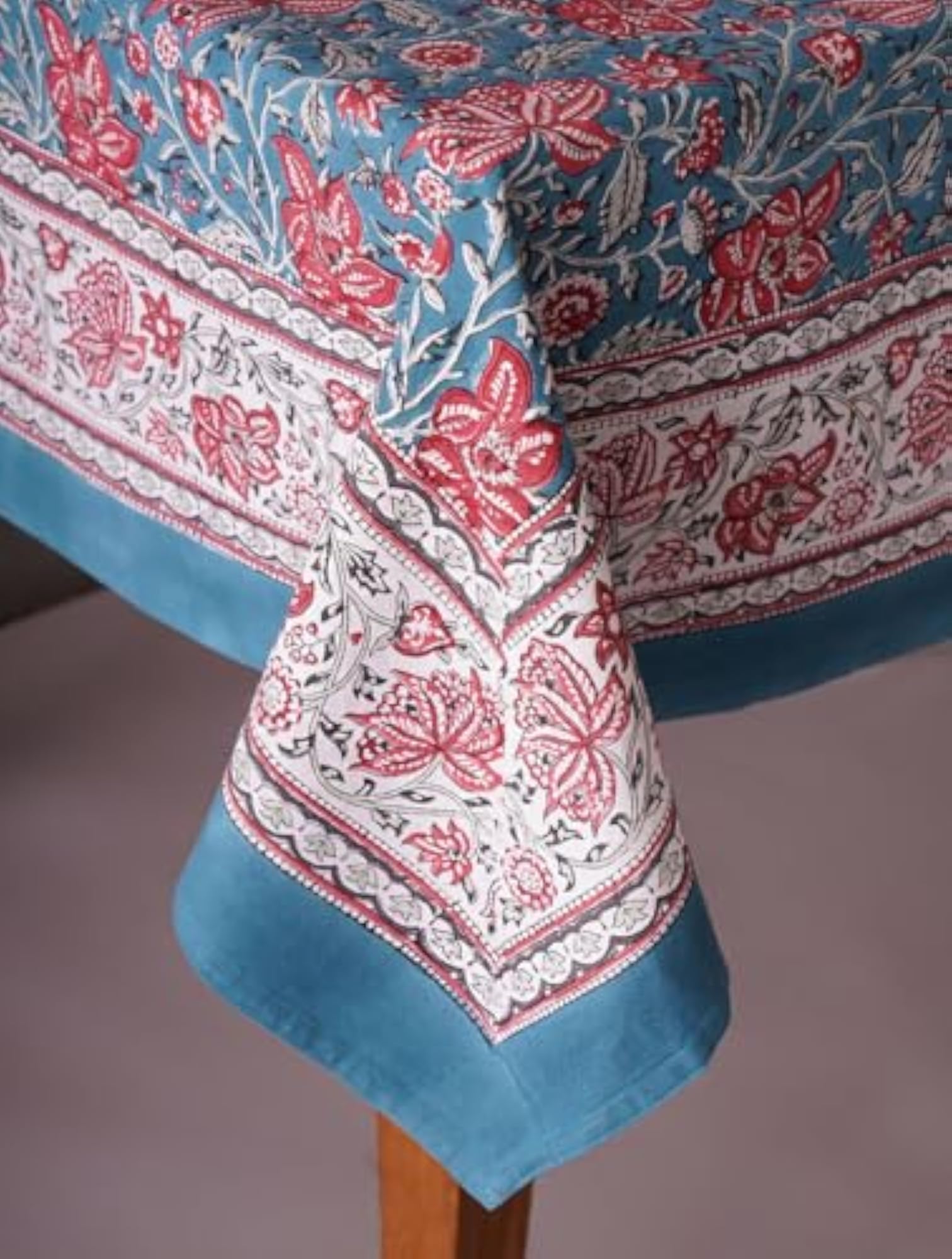 Blue Cotton Block Print Table Cloth, Rectangle